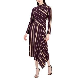 Taylor Women's Printed Asymmetrical-Hem Long-Sleeve Dress Purple and Beige NWT